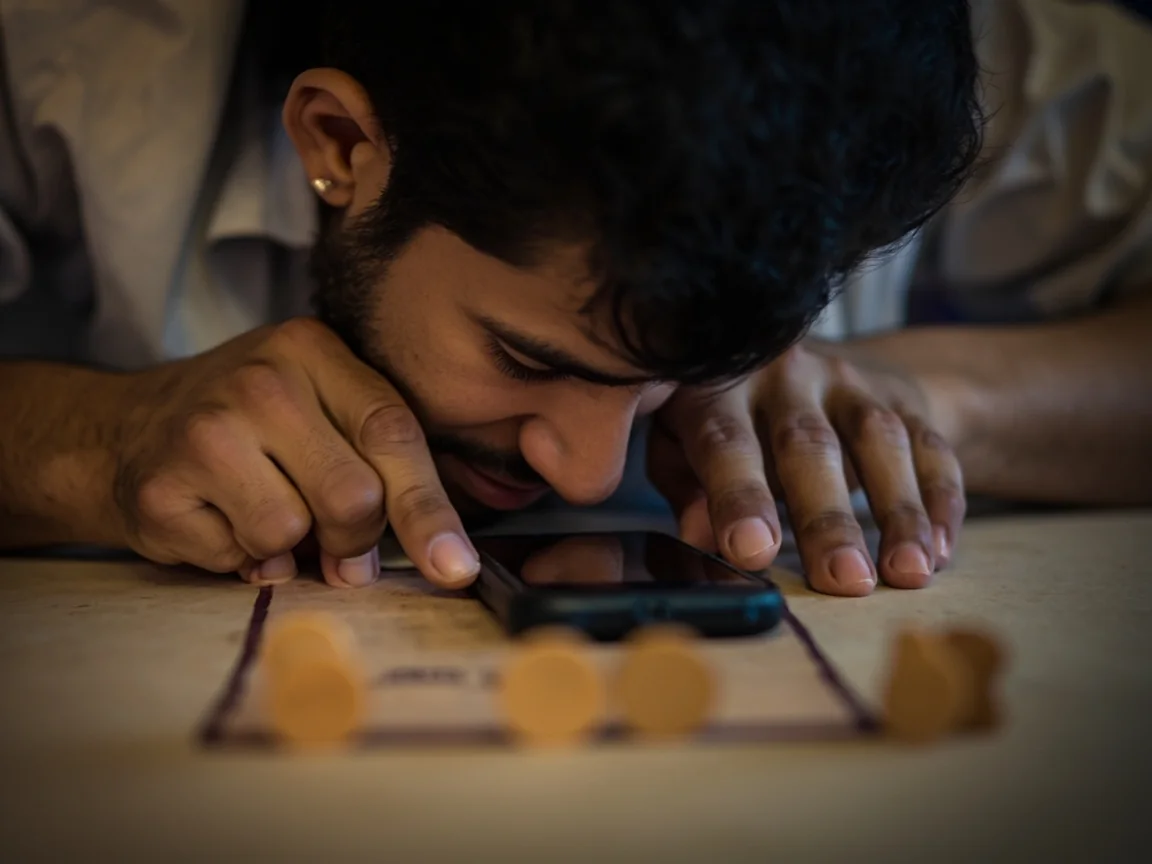 A smartphone placed face down outside a small marked boundary on a desk