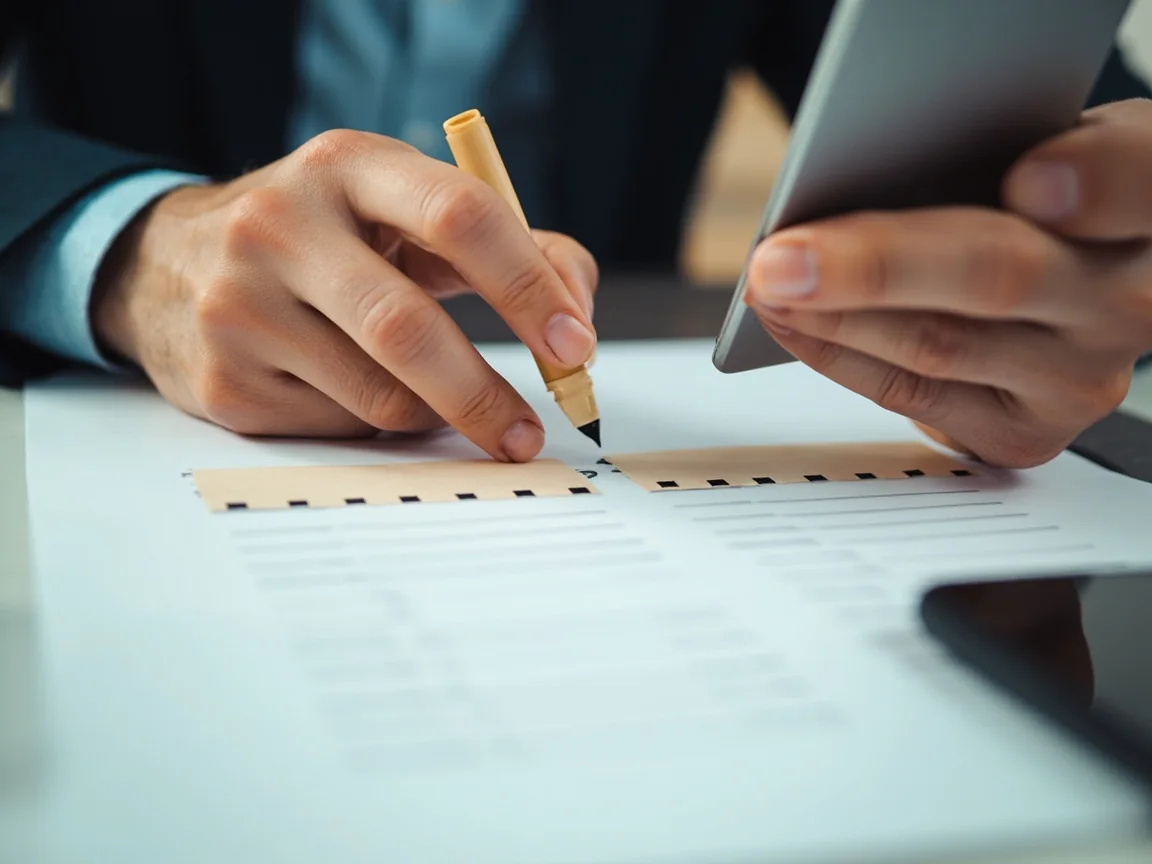Hands sorting neutral markers between two blank comparison columns on paper