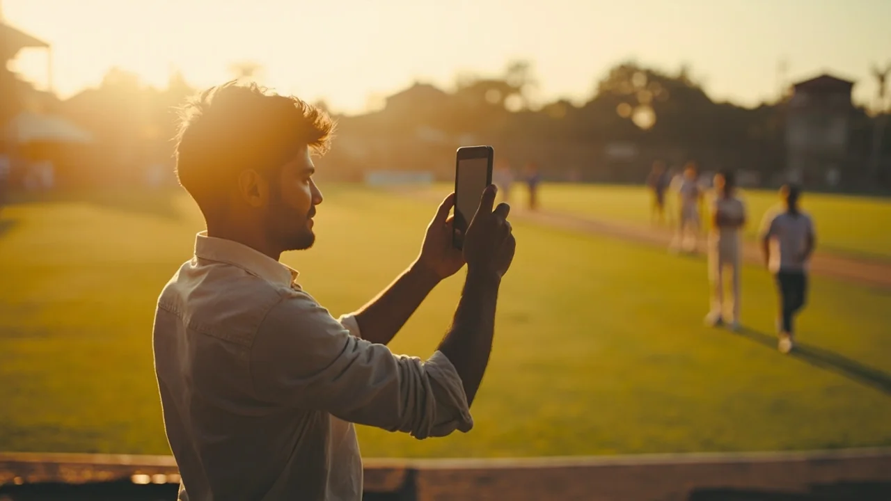 An adult at the boundary of a cricket ground holding a smartphone in morning light