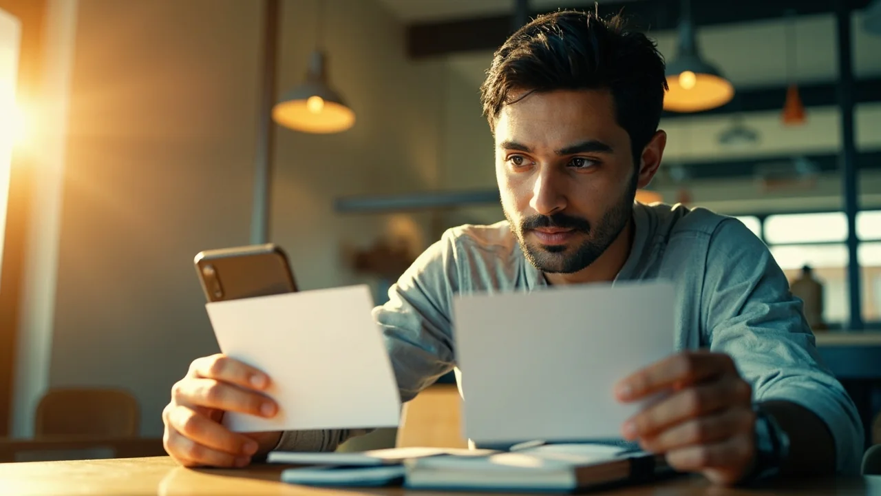 A cricket follower comparing two blank offer cards beside a smartphone and notebook