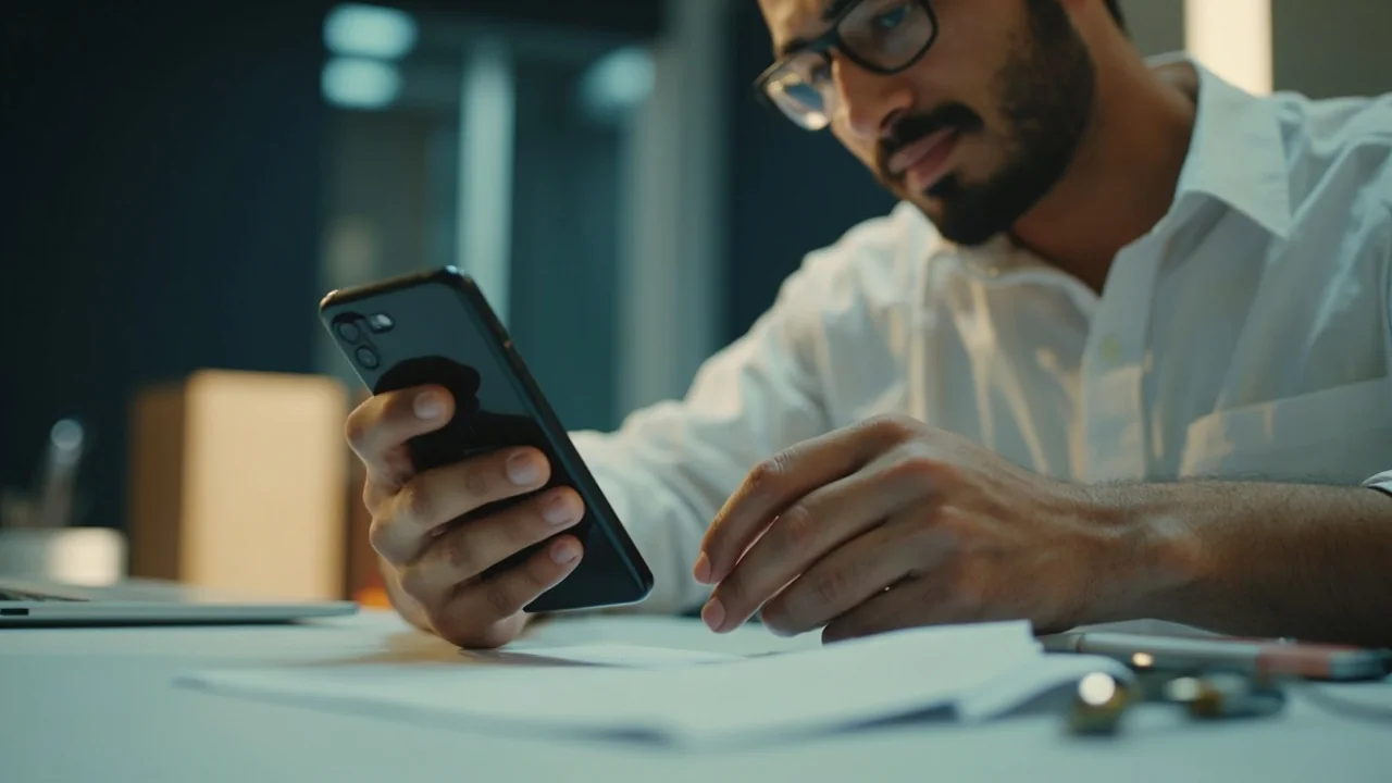 An adult preparing an Android phone for installation at a clean desk