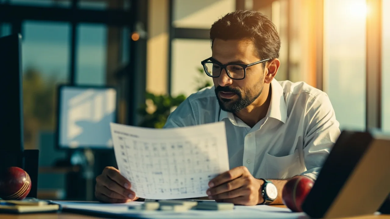 A research desk with a paper scorecard and cricket ball at a sunlit window