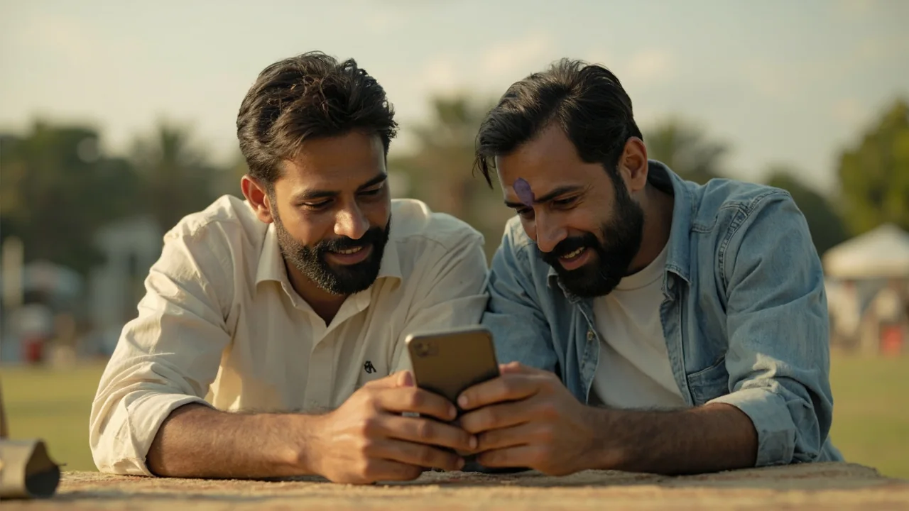 Two friends discussing a smartphone at an outdoor cricket-club table
