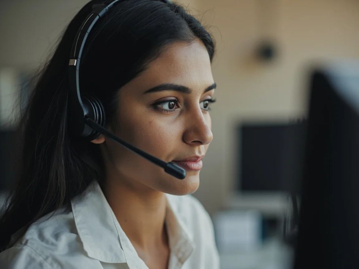 A support professional listening through a plain headset in a daylight office