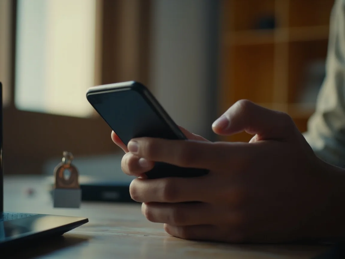 A hand checking a smartphone beside an unbranded router and security key