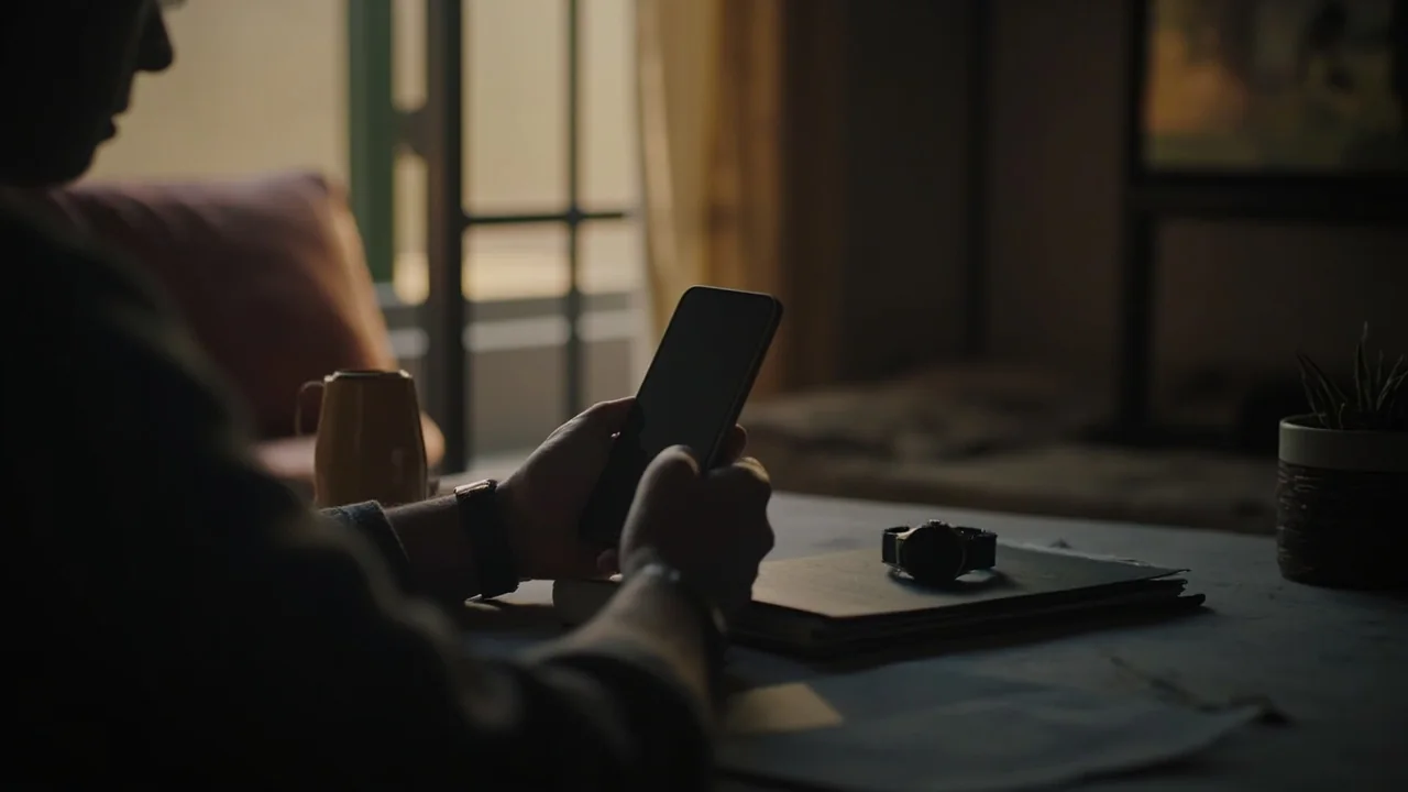 A smartphone placed face down beside a notebook at dusk